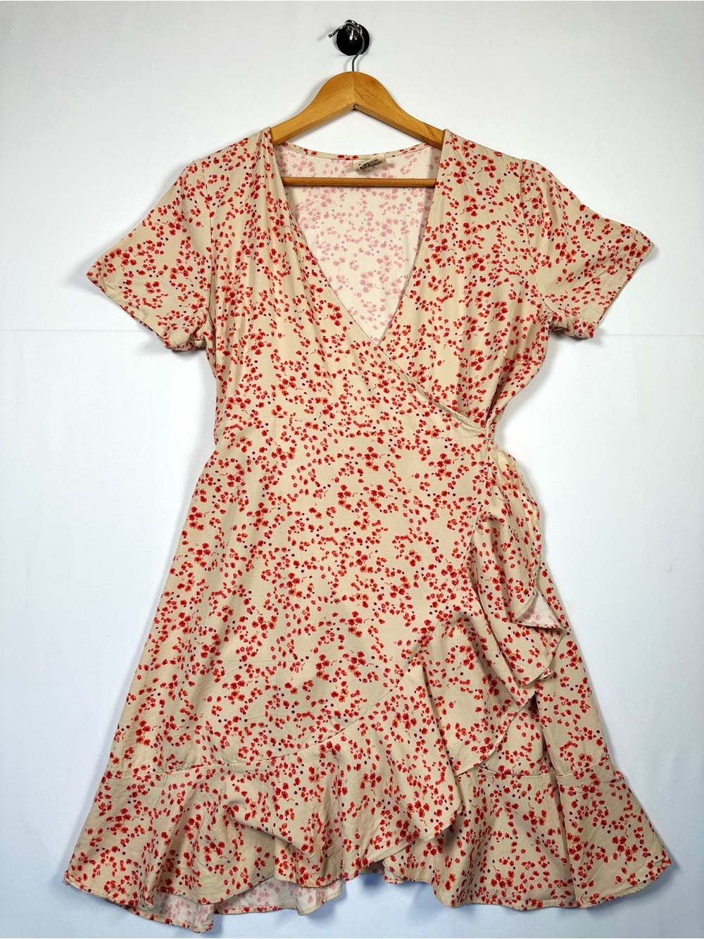 Rachel EcoVero Tencel Wrap Midi Dress Red Floral Ruffle L Cottagecore